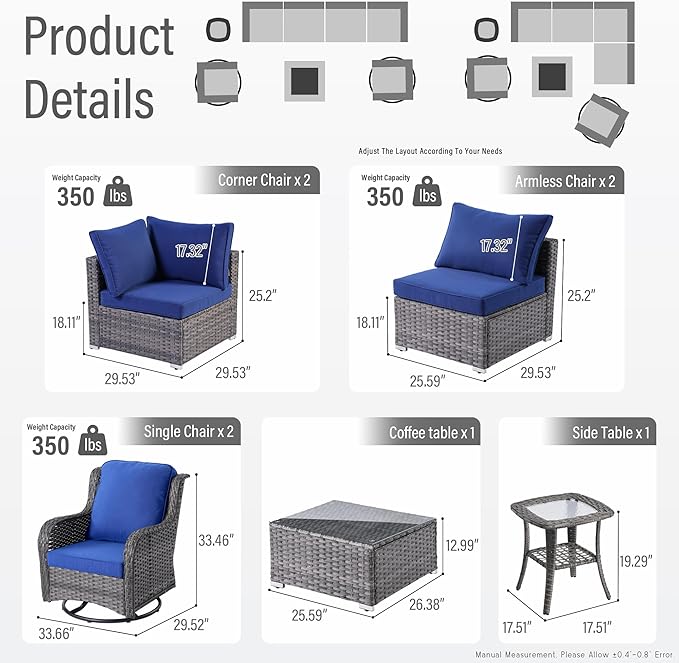 HOOOWOOO Patio Outdoor Sectional Furniture Sofa Set with Swivel Chairs,8 Piece L Shaped Corner Wicker Rattan Couch Set with Glass Table,Modern 6 Persons Summer Patio Conversation Set(Denim Blue)