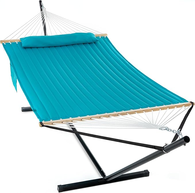 2 Person Hammock with Stand for Outside, Heavy Duty Steel Stand, Double 55inch Hammocks, Large Removable Pillow, Storage Bags, Max 475 lbs Capacity (Lake Aqua)