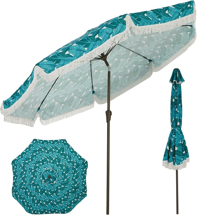 Garvee 9FT Fringe Patio Umbrella with Crank Handle, Push Button Tilt for Sun Shade, 8 Fiberglass Ribs, 1.5" D Premium Steel Pole, Outdoor Large Tassel Umbrella for Patio Beach Pool Backyard,9' Leaf