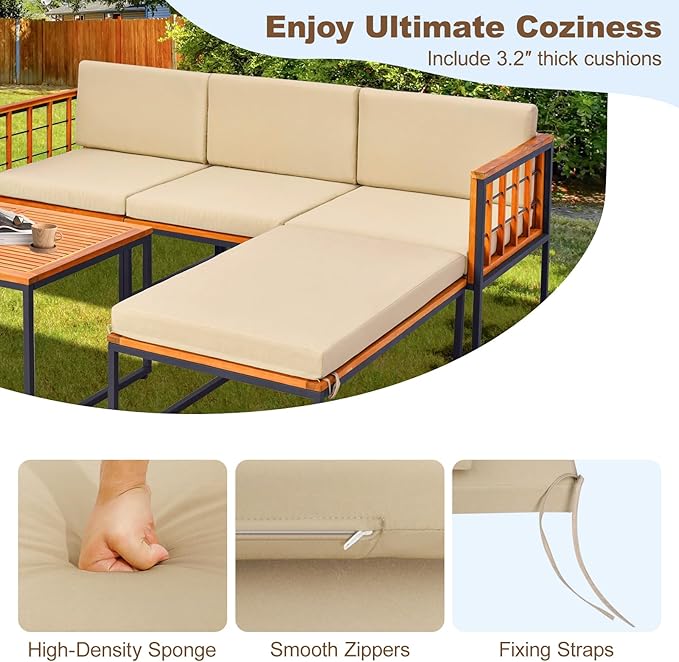 Tangkula 5 Piece Patio Furniture Set, Acacia Wood Sectional Set with Heavy-Duty Metal Frame, Comfy Seat & Back Cushions, Outdoor Wood Conversation Chair Set for Poolside, Porch, Backyard (Beige)