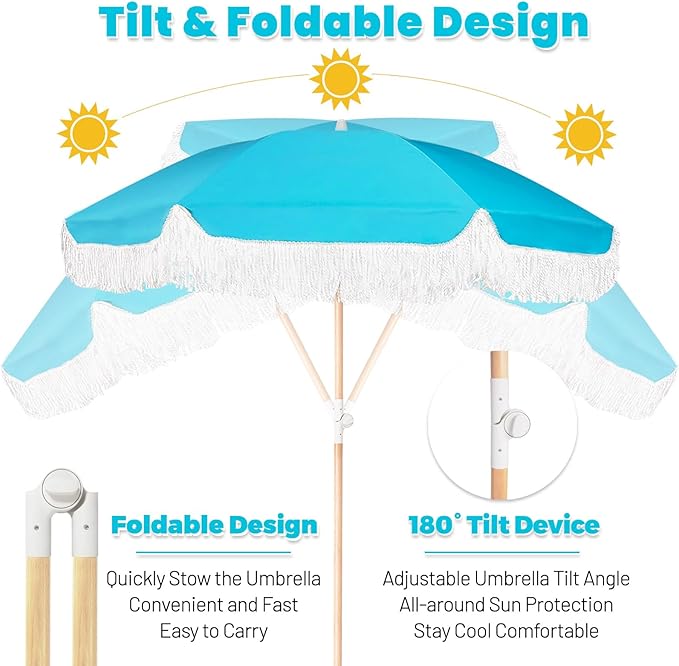 Lefedrasticity Boho Outdoor Umbrella with Tassels,6ft Table Umbrella Outdoor Patio with Knobs Tilt,Wind Resistant Portable Beach Umbrella UPF50+ Fringe Umbrellas For Pool Backyard Deck Garden