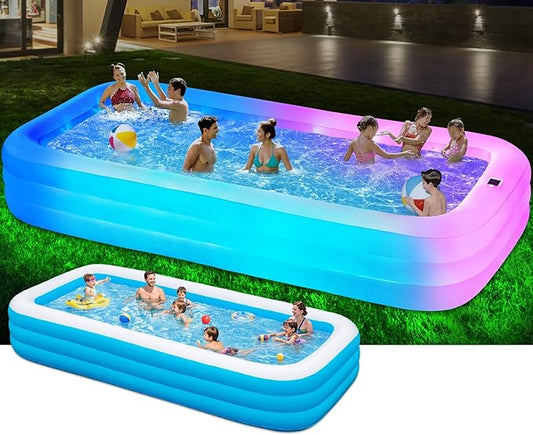 145"x74"x22", Large Solar Inflatable Pool with Lights, Oversized Thickened Blow Up Pool for Adults, 7 Color Changed Family Swimming Pool for Backyard, Outdoor