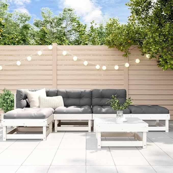 6 Piece Patio Lounge Set White Solid Pine Wood Outdoor Furniture, Modular Garden Conversation Set with Ottoman Coffee Tables for Small Patio Balcony Porch