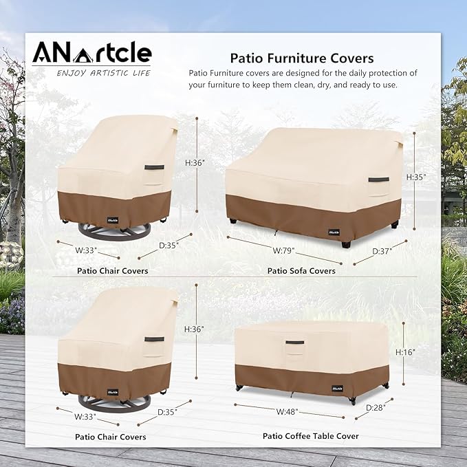 ANartcle Patio Furniture Covers 4 Piece Set, 600D Waterproof Heavy Duty Outdoor Furniture Covers,Fit Wicker Patio Sofa, Swivel Rocker Chair and Coffee Table,Beige&Brown