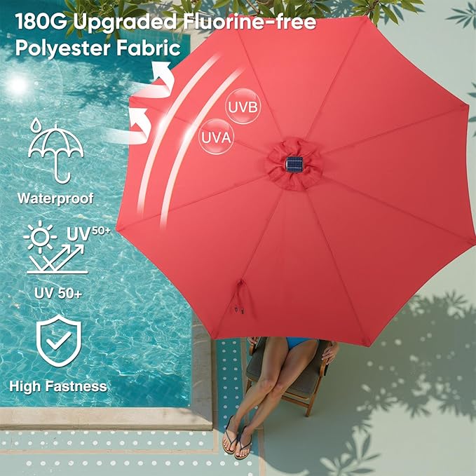 DUMOS LED Outdoor Patio Umbrella 10 FT UV-Resistant Market Umbrella with Tilt Adjustment & Crank Lift, All-Weather Shade for Backyard, Deck, Garden, Beach