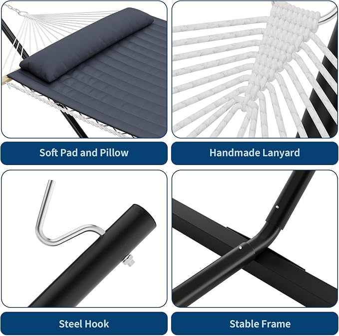 2 Person Double Hammock with Iron Frame Stand,475Lb Capacity,Portable Rope Hammock for Garden, Camping, and Relaxation, Dark Grey