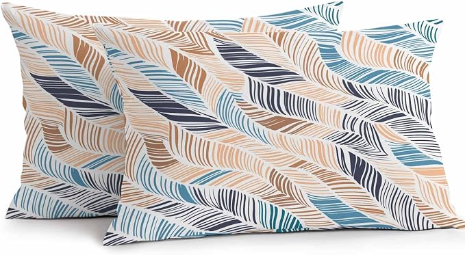 Vandarllin Outdoor Throw Pillows Covers 20x12 inch Set of 2 Waterproof Summer Beach Decorative Zippered Cushion Covers for Patio Furniture, Yellow Blue Ombre Abstract Leaf Lines Lumbar Pillowcases