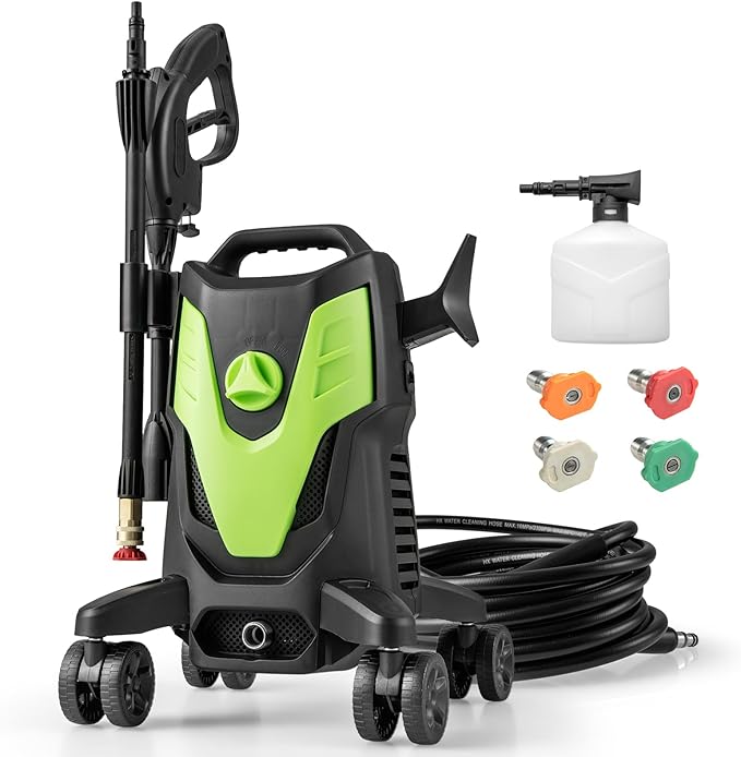 COSTWAY Electric Pressure Washer with 4 Universal Wheels, 2400 PSI High Pressure Cleaner Machine with 4 Nozzles and Soap Bottle, 1.7 GPM Portable Washer for Car, 3 Self-Priming Ways (Green+Black)