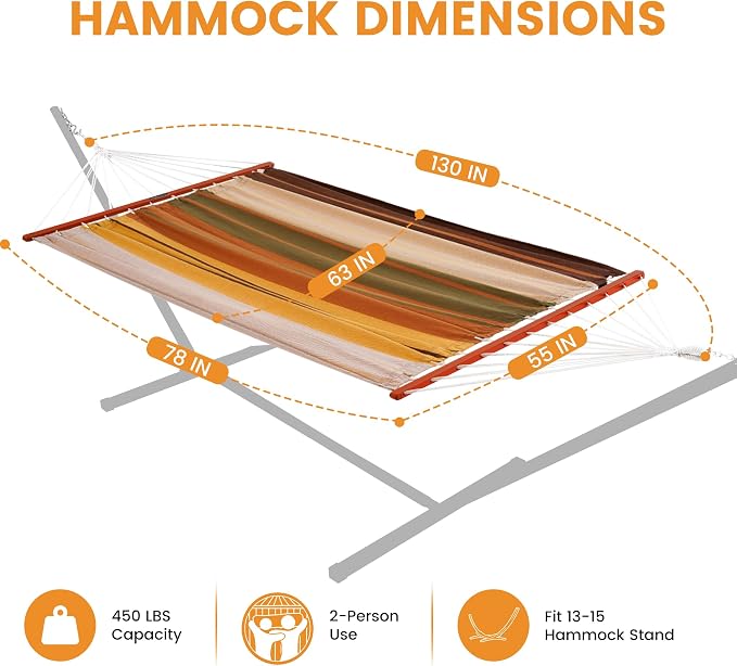Lazy Daze Hammocks Cotton Fabric Double Hammock with 55" Spreader Bar, Portable Camping Hammock with Carrying Bag & Tree Straps for Patio, Backyard, Balcony, 450lbs Capacity, Brown & Khaki