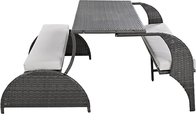 Merax Outdoor Rattan Loveseat, Patio Conversation Sets, Convertible to Four Seats with Table Sofa for Backyard, Garden and Lawn, Beige