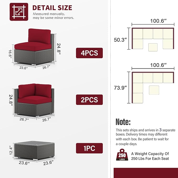 SUNCROWN 7-Piece Outdoor Patio Furniture Sofa Set All-Weather Wicker Sectional Conversation Set with Modern Glass Coffee Table and Cushions, Backyard, Garden, Red