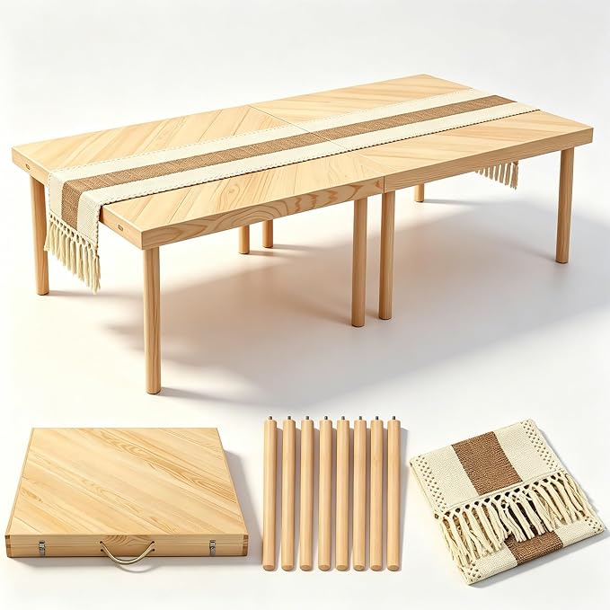 60" x 30" Foldable Wooden Picnic Table, Natural Solid Wood Table | Portable with Carry Handle, Tool-Free Assembly, For Beach, Camping, Living Room, Includes Table Runner