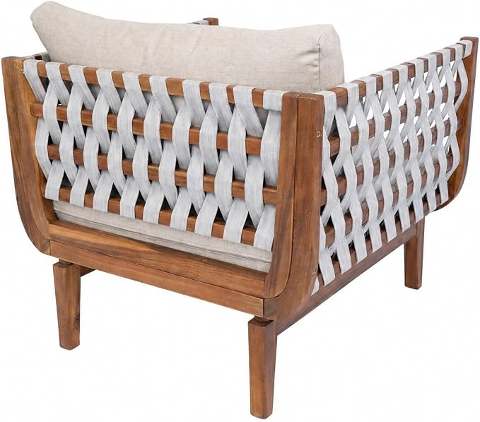 Christopher Knight Home Gwen 4 Piece Acacia Wood Patio Conversation Set with Sofa, Coffee Table and 2 Club Chairs, 3-Seater Sofa with Water-Repellent Cushion, Outdoor Patio Furniture Set, Teak+Beige