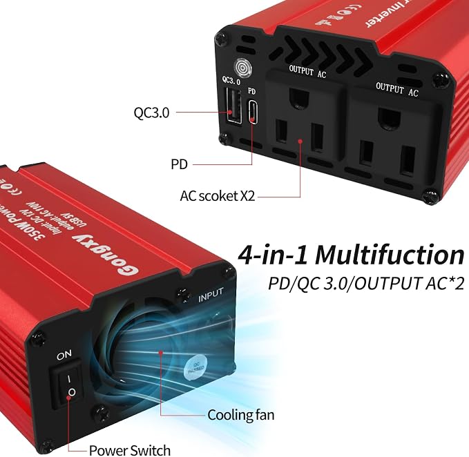 Car Power Inverters 350W Inverter - 12v DC to 110v AC Converter with AC Outlets USB Type-c Port,Car Power Converter for Truck/Home/Vehicles/Laptop Trip (Red, 350W)