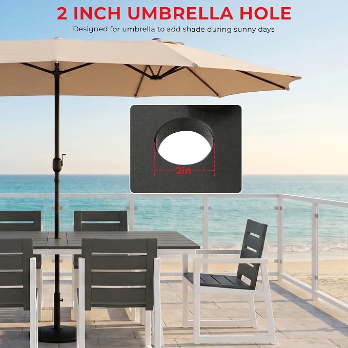 Costaelm Outdoor Dining Tables for Patio, 72" Rectangle 6-Person HDPE Dining Table with Umbrella Hole and Metal Frame for Outside, Garden, Poolside, Backyard, Porch, Balcony, Gray