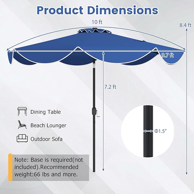 Tangkula 10 FT Solar Patio Umbrella, 2-Tiers Outdoor Scalloped Table Umbrella with 24 LED Lights, Tilt Adjustment, Crank, 8 Ribs for Market Backyard Pool Deck Beach Lawn (Navy)