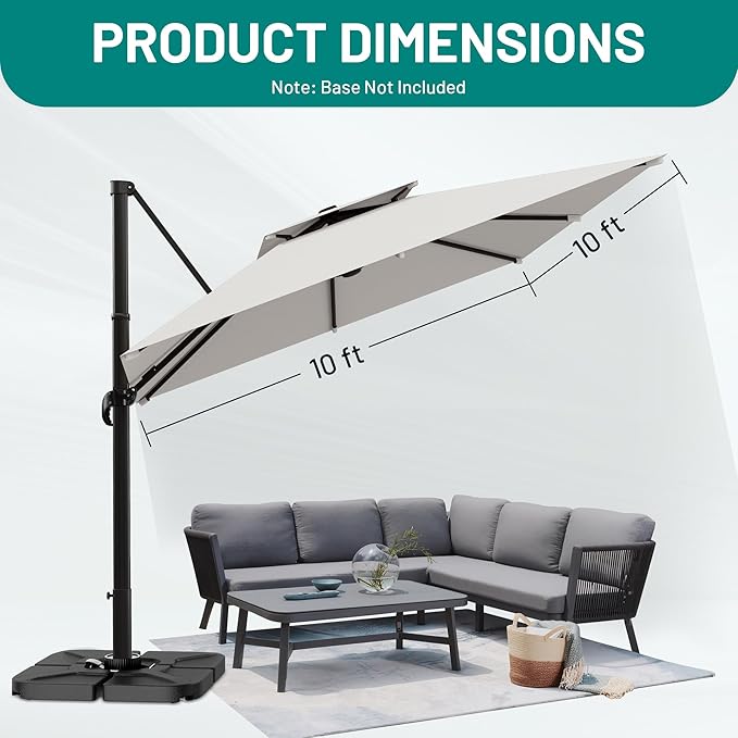 AreShark 10×10FT Double-Top Cantilever Patio Umbrella with Base Included, Offset Umbrella with 360 Degree Rotation, Heavy Duty Patio Umbrella for Garden Deck Pool, 5 Tilt Angles, Light Grey
