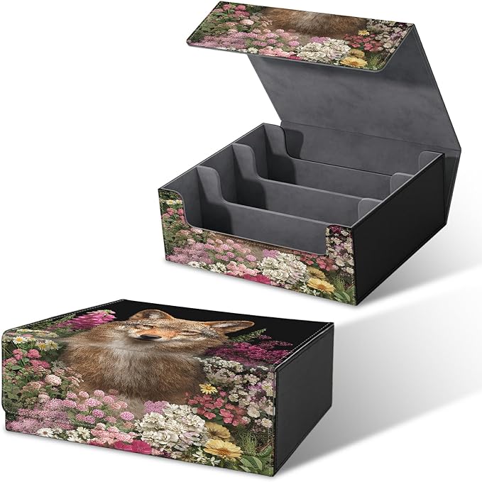Large Card Deck Box for MTG, Fits 1200+ Sleeved Cards, PU Leather Storage Case with Strong Magnetic Closure, Multiple Colors Available for TCG CCG Baseball Card Collections, Flower Wolf
