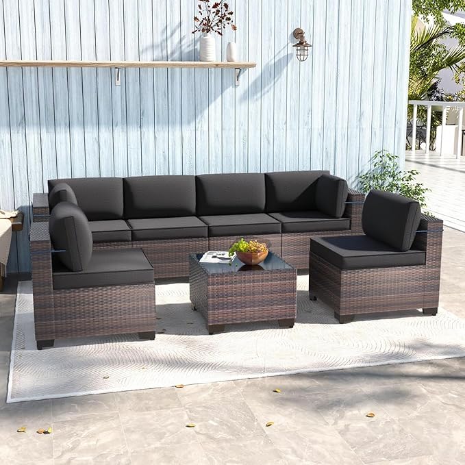 7 Pieces Outdoor Patio Furniture Sets,Wicker Conversation Set Sectional Sofa,Includes 6 All-Weather High Back PE Rattan Seating Components w/Thickened Cushions&Coffee Table,Gray