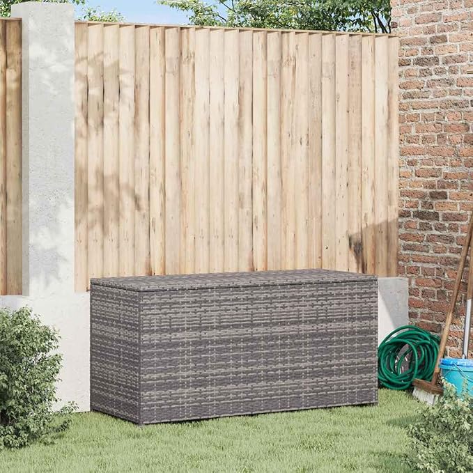 Grey Poly Rattan Deck Box 47x47x24 in Outdoor Storage Chest with Collapsible Frame, UV & Rain-Resistant Patio Garden Ottoman for Cushions, Tools & Toys, Assembly in Two
