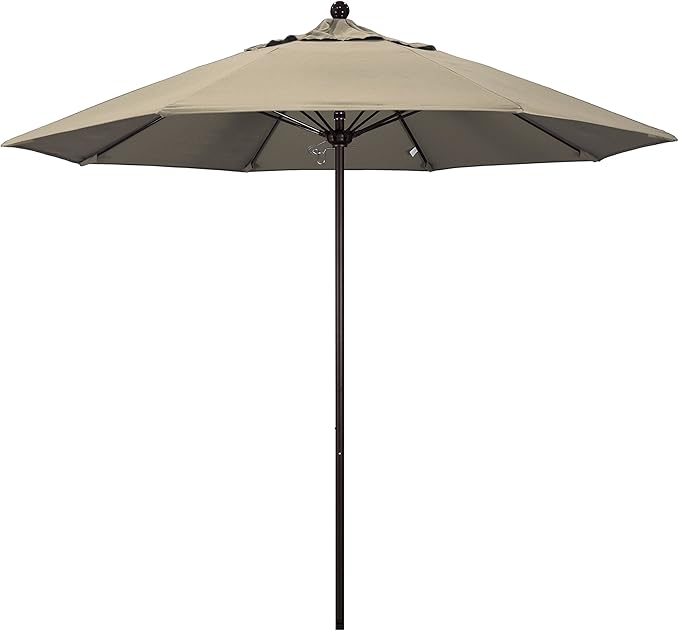 California Umbrella 9' Rd. Venture Series Contract Grade Patio Umbrella, Push Open Pin Stop, Bronze Finish, Sunbrella Taupe
