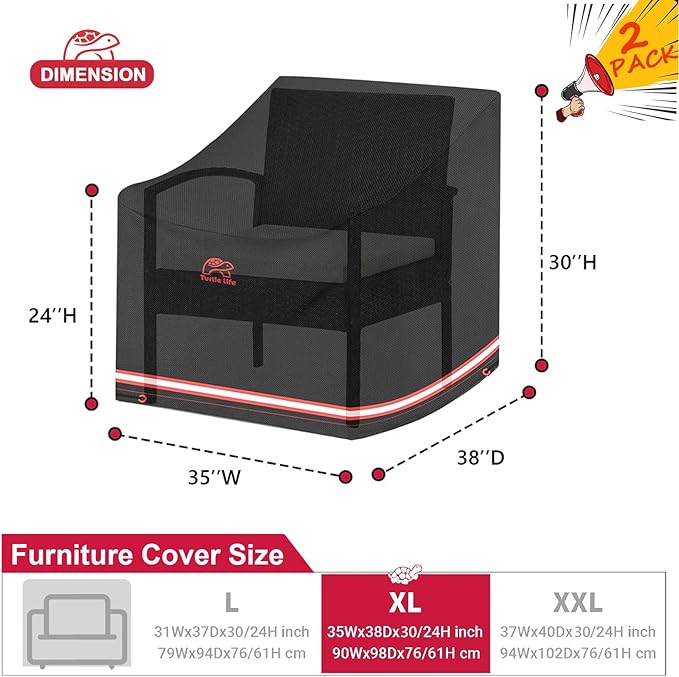 Turtle Life Patio Chair Cover, Heavy Duty Durable Waterproof Outdoor Lawn Armchair Deep Single Sofa Cover, Anti-Fading Cover for Chair, Black, 35" W x 38" D x 30" H, 2 Pack
