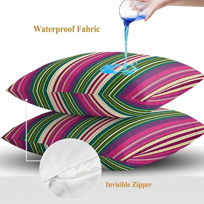 Outdoor Waterproof Throw Pillow Covers Set of 2 Pink Striped Pillowcases 18x18 Inches Geometric Green Stripes Decorative Pillows Cushion Case Patio Pillows for Couch Bed Chair Garden
