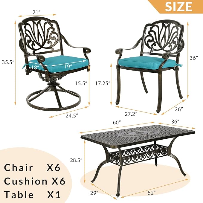 7-Piece Outdoor Patio Dining Set, 60” Rectangular Cast Aluminum Dining Table with Umbrella Hole and 4 Stationary, 2 Swivel Rocker Chairs, 6 Cushioned, Backyard, Patio, Garden, Blue