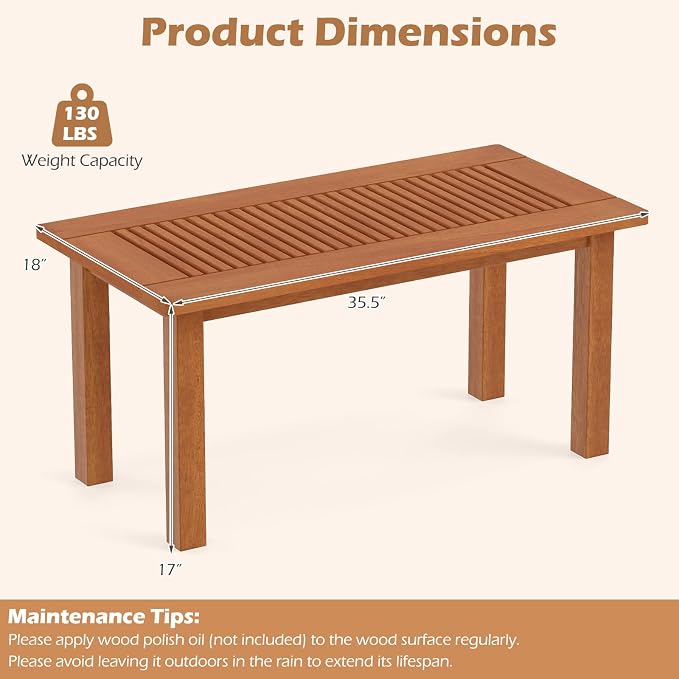Tangkula 35.5 Inch Outdoor Coffee Table, Modern Rectangular Patio Table with Slatted Top, Teak Oil Finish, Solid Wood Coffee Table for Deck, Garden, Backyard, Indoor & Outdoor Use