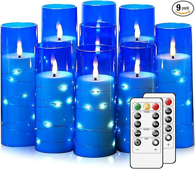 Nimiko Flickering Flameless LED Candles,Battery Operated Candles 9 Pcs with Embedded Star String,Acrylic LED Pillar Candles with Remote,Suitable for Home Decoration to Create an Atmosphere (Blue)