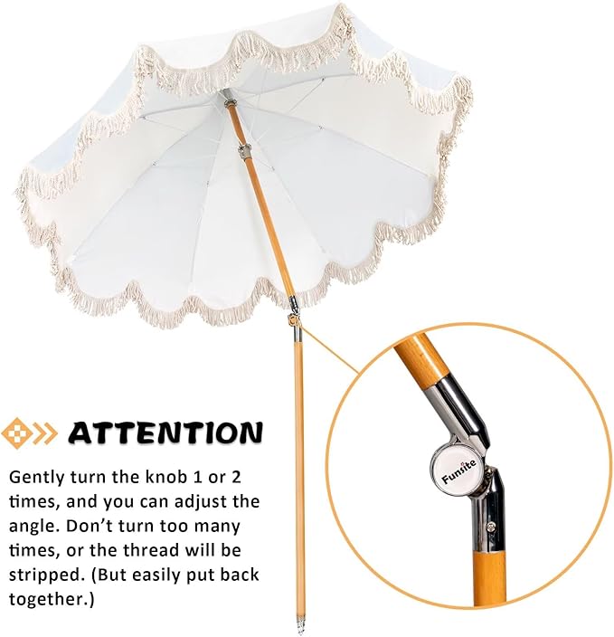 6.5ft Pagoda Beach Umbrella with Fringe, UPF 50+ Boho Umbrellas with Carry Bag, Premium Wood Pole Foldable Tassel Umbrella for Outdoor Garden Lawn Pool Yard Table