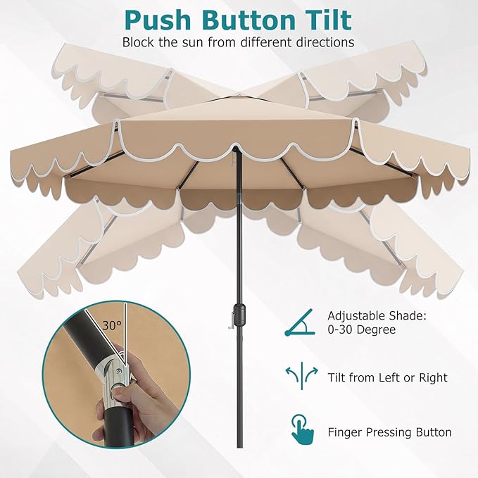 HAPPYGRILL 10 FT Patio Umbrella, Market Table Umbrella w/Crank, Push Button Tilt, Ruffled Edges, Vented Top & 8 Ribs, Outdoor Sun Shade for Poolside Backyard Beach