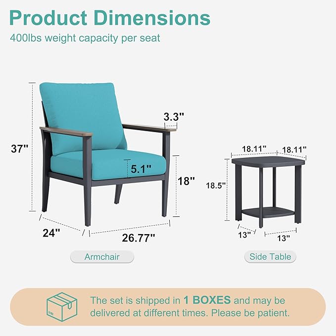 3-Piece Aluminum Patio Rocking Swivel Chair Outdoor Bistro Set, Patio Conversation Set Outdoor Patio Furniture Set with High Backrest & Thickened Cushions for Garden, Deck and Balcony, Turquoise