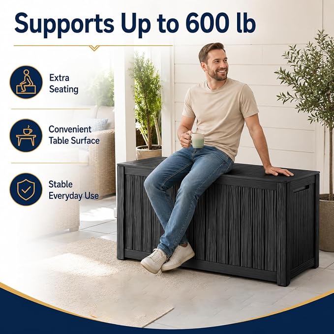 Outdoor Deck Patio Storage Box - 200 Gallon Large Outdoor Deck Box, Plastic Storage Bin with Lid, Outside Toy Box & Pool Storage Container for Cushions, Garden Tools, Towel, Black