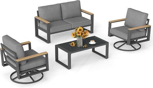 Wisteria Lane 4-Person Aluminum Patio Furniture Set with Swivel Chair, Metal Outdoor Furniture with Glass Coffee Table, Modern Patio Conversation Set for Pool Garden Porch Backyard, Grey