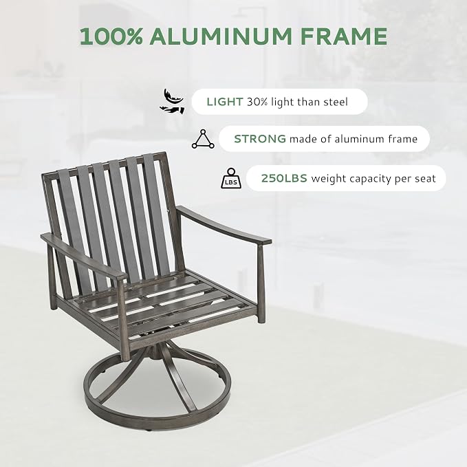 5-Piece Outdoor Dining Set - Aluminum Patio Dining Set with Removable Cushions,4 Swivel Chairs with Rope Backrest, Square Table with Umbrella Hole,Rustproof for Lawn Porch Yard,Grey