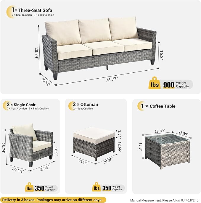 ovios 6 Pieces Patio Furniture Set, Outdoor Wicker Rattan Sofa Couch with Glass Table, Chairs, Comfy Cushions, Conversation Sets for Porch Deck Garden, Beige