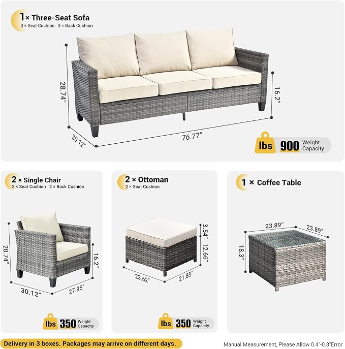 ovios 6 Pieces Patio Furniture Set, Outdoor Wicker Sofa Couch with Glass Table Comfy Cushions, All Weather Grey Rattan Conversation Set for Backyard Deck Porch, Beige