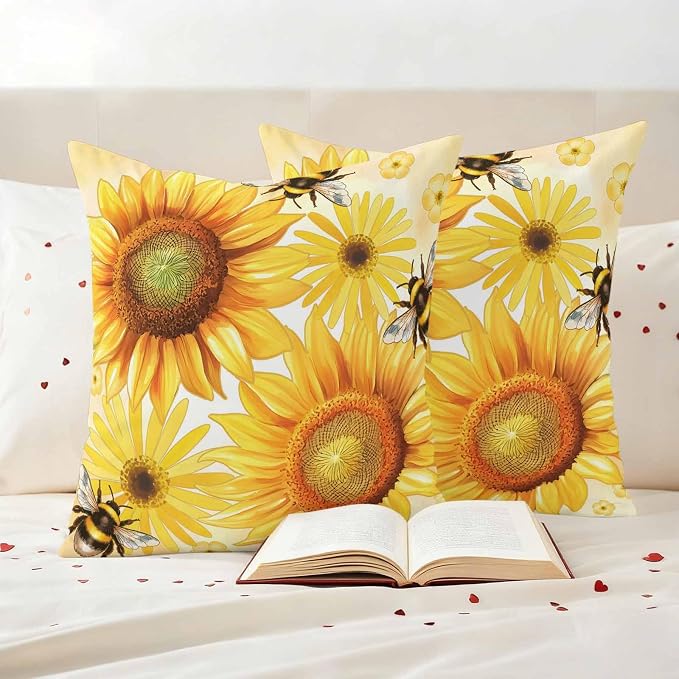 Outdoor Throw Pillow Covers,Rustic Sunflower Yellow Flower Waterproof Decorative Pillowcases Cushion Cover Spring Farmhouse Floral Bee Pillow Cases for Patio Couch Sofa Bed,26x26in Set of 2