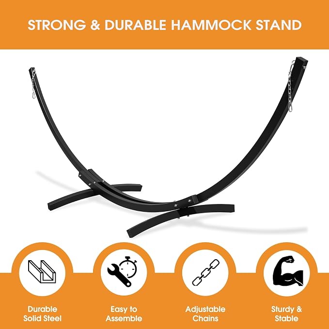 Lazy Daze Hammocks 12 Ft Heavy Duty Steel Arc Hammock Stand with Carabiner and Chain, 2 Person Weather-Resistant Curved Stand for Outside, Backyard, Patio, 500 Lbs Capacity, Black