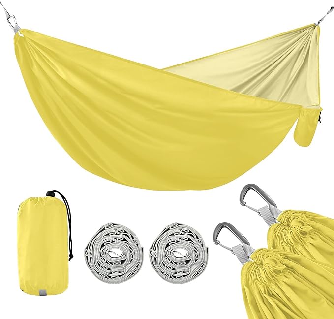 Yellow Solid Color Camping Hammock, Portable Lightweight Single Hammock with Tree Straps and Aluminum Carabiners, 114" x 54" Travel Hammock for Hiking Backpacking Beach