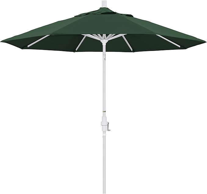 California Umbrella 9' Round Aluminum Market Umbrella, Crank Lift, Collar Tilt, White Pole, Hunter Green Olefin