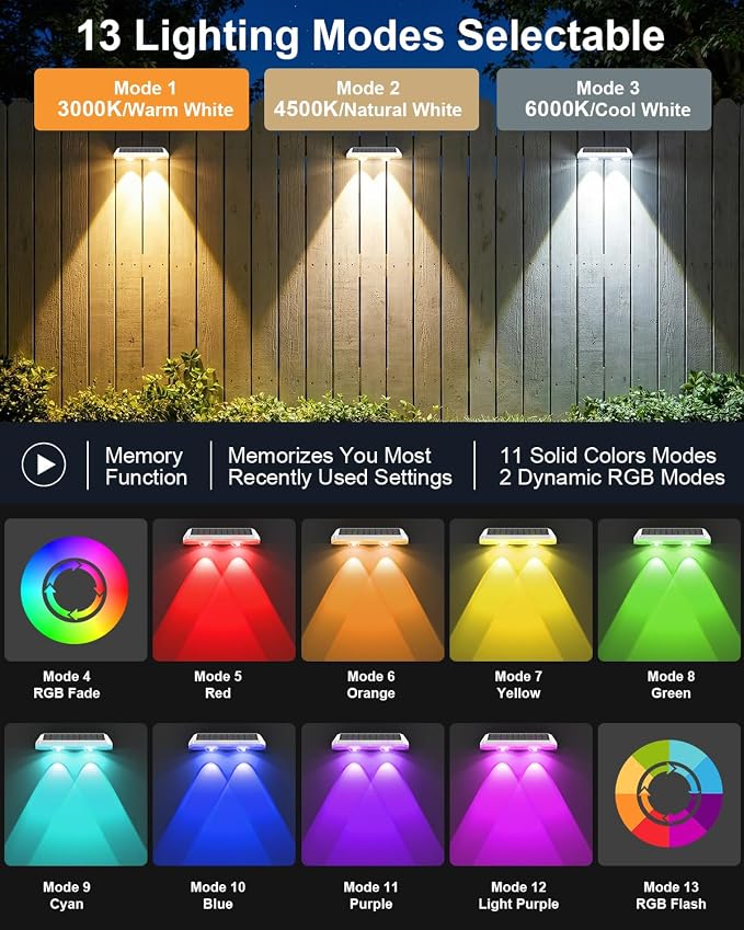 8 Pack Solar Fence Lights Outdoor ,Warm White + RGB 13 Color Mode Fence Lights Solar Powered with Ultra-Bright Lens IP65 Waterproof,Solar Wall Light for Backyard/Step/Patio/Deck/Stair/Railings(White)