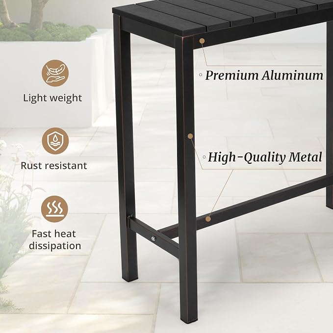 Cozyman Outdoor Bar Table, 45" Patio Bar Height Counter Console Table, Black Waterproof HDPS Slatted Top and Bronze Leg, Weather Resistant, Hot Tub, Balcony, Yard, Indoor or Outdoor Use