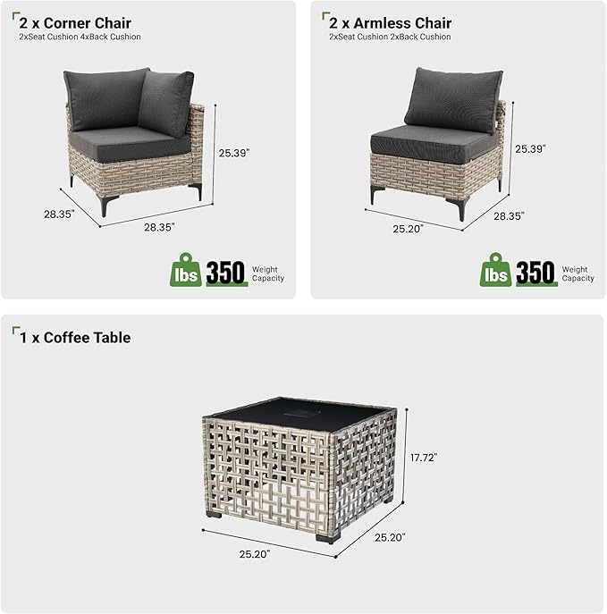 5 Piece Outdoor Patio Furniture with Glowing Coffee Table, Rattan Wicker Conversation Set with Sofa, Sectional Single Chairs for Outside Porch Balcony Backyard Pool,Black