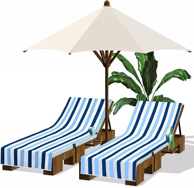 Fumete 2 Pack Lounge Chair Covers 30 x 85 Inch Pool Chaise Lounge Towels Microfiber Beach Chair Towel Portable Striped Outdoor Patio Furniture Cover for Sunbathing Picnic Spa(Blue and Dark Blue)