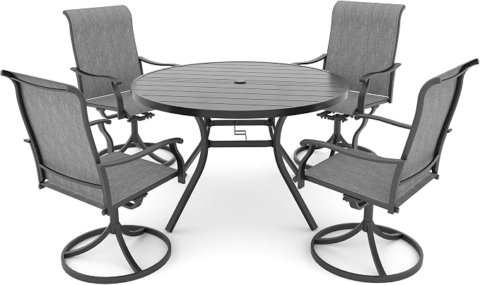 Anmutig 5-Piece Outdoor Dining Set, 48" Round Table with 4 Swivel Textilene Chairs All Weather Furniture Set - Light Grey