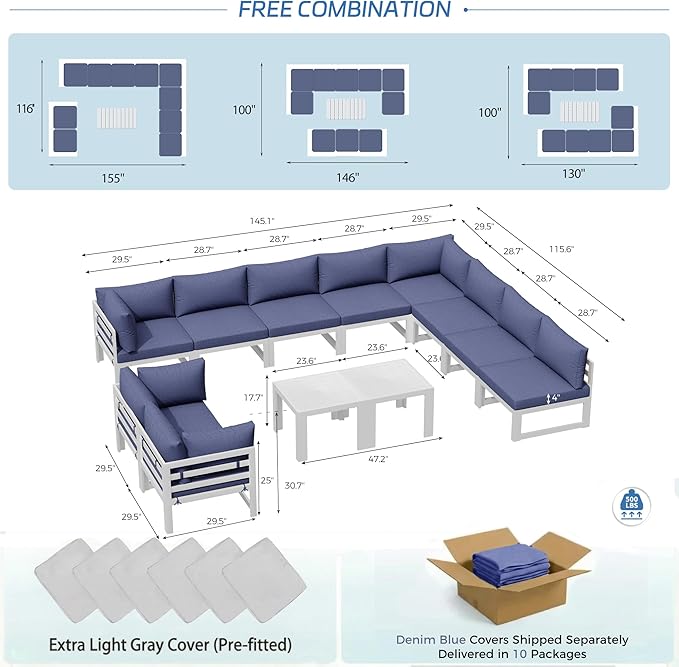 NICESOUL 12 Piece Oversized Modern Aluminum Outdoor Patio Furniture Set with Coffee Table, 29" Wide Deep L-Shaped Sectional Sofa, 500lbs Heavy Duty Comfortable Poolside Conversation Set, Denim Blue
