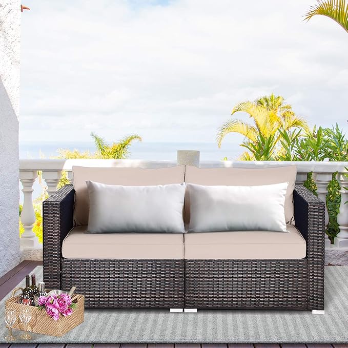 COSTWAY 2PCS Patio Rattan Corner Sofa Sectional Furniture Conversation Set