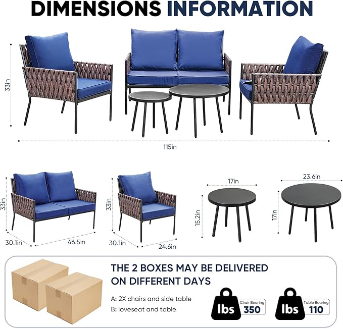 5 Pieces Patio Furniture Set,Outdoor Conversation Set with 2 Round Side Tables,Modern Metal Outdoor Couch with Waterproof Cushions for Backyard,Porch,Navy
